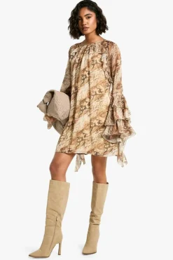 Smock Dresses*boohoo Tall Snake Ruffle Flare Sleeve Mini Shift Dress natural