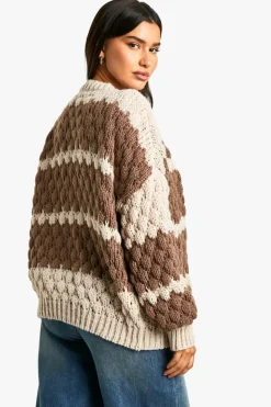 Cardigans|Knitwear*boohoo Tall Stripe Bubble Knit Chunky Cardigan stone