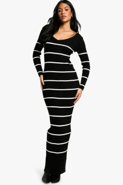 Jumper Dresses|Jumper Dresses*boohoo Tall Stripe Ribbed Knitted Maxi Dress black