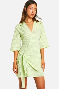 Wrap Dresses|Mini Dresses*boohoo Tall Textured Gingham Wrap Dress green