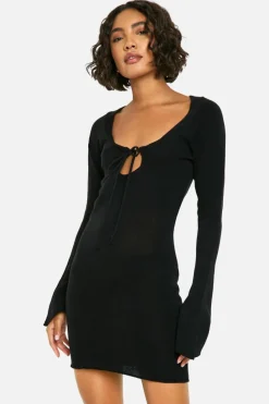 Jumper Dresses|Jumper Dresses*boohoo Tall Tie Front Flare Sleeve Mini Dress black