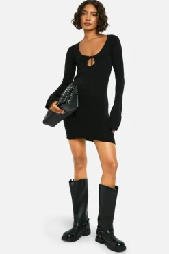 Jumper Dresses|Jumper Dresses*boohoo Tall Tie Front Flare Sleeve Mini Dress black