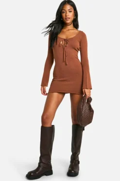 Jumper Dresses|Jumper Dresses*boohoo Tall Tie Front Flare Sleeve Mini Dress camel