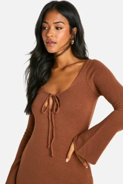 Jumper Dresses|Jumper Dresses*boohoo Tall Tie Front Flare Sleeve Mini Dress camel