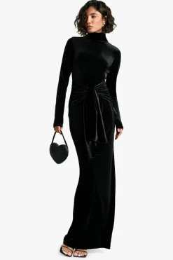 Wrap Dresses*boohoo Tall Velvet High Neck Wrap Detail Maxi Dress black