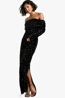 Maxi Dresses*boohoo Tall Velvet Sequin Bardot Maxi Dress black