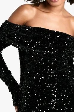 Maxi Dresses*boohoo Tall Velvet Sequin Bardot Maxi Dress black