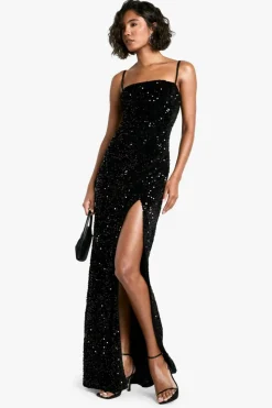Maxi Dresses*boohoo Tall Velvet Sequin Square Neck Maxi Dress black