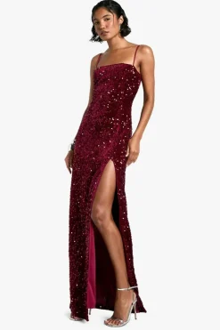 Maxi Dresses*boohoo Tall Velvet Sequin Square Neck Maxi Dress wine