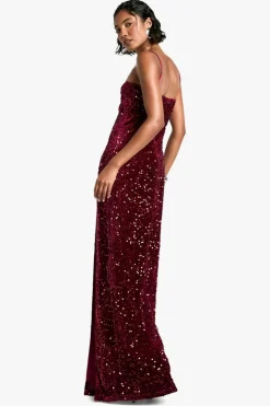 Maxi Dresses*boohoo Tall Velvet Sequin Square Neck Maxi Dress wine
