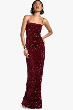 Maxi Dresses*boohoo Tall Velvet Sequin Square Neck Maxi Dress wine