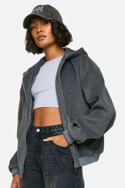 Up To 80% Off Winter Warmers|Bomber Jackets*boohoo Tall Wool Look Hooded Bomber Jacket grey
