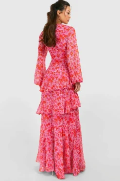 Wrap Dresses*boohoo Tall Woven Floral Wrap Tiered Maxi Dress pink