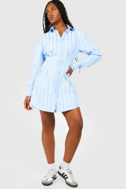Shirt Dresses*boohoo Tall Woven Pinstripe Cinched Waist Shirt Dress blue