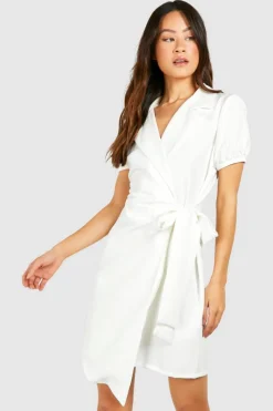 Blazer Dresses|Wrap Dresses*boohoo Tall Woven Short Sleeve Wrap Blazer Dress white