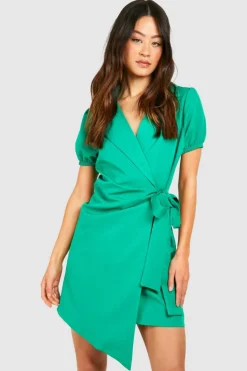 Blazer Dresses|Wrap Dresses*boohoo Tall Woven Short Sleeve Wrap Blazer Dress green