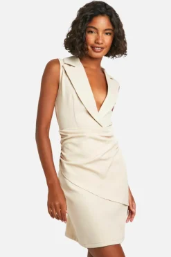 Blazer Dresses*boohoo Tall Woven Sleeveless Draped Blazer Dress stone