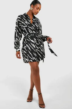 Shirt Dresses*boohoo Tall Woven Zebra Belted Shirt Dress black
