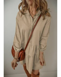 Shirt Dresses*Azura Exchange Puff Sleeve Buttoned Tiered Pleated Shirt Mini Dress Tan