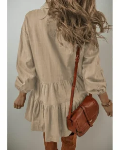 Shirt Dresses*Azura Exchange Puff Sleeve Buttoned Tiered Pleated Shirt Mini Dress Tan