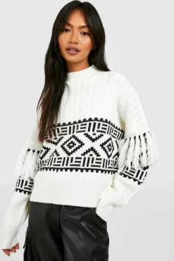 Oversized Jumpers|Jumpers*boohoo Tassel Aztec Print Jumper ivory