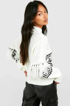 Oversized Jumpers|Jumpers*boohoo Tassel Aztec Print Jumper ivory