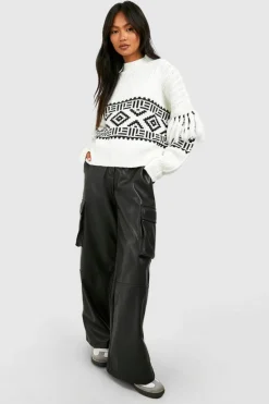 Oversized Jumpers|Jumpers*boohoo Tassel Aztec Print Jumper ivory
