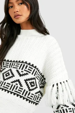 Oversized Jumpers|Jumpers*boohoo Tassel Aztec Print Jumper ivory