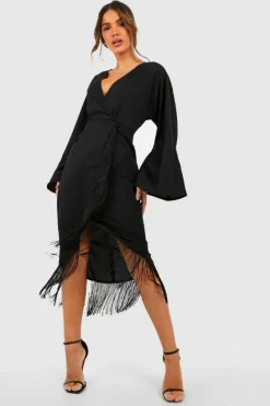 Wrap Dresses|Midi Dresses*boohoo Tassel Hem Wrap Midi Dress black
