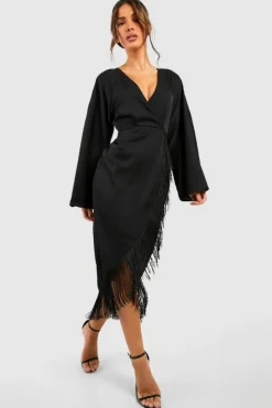 Wrap Dresses|Midi Dresses*boohoo Tassel Hem Wrap Midi Dress black