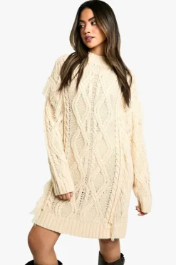 Jumper Dresses|Jumper Dresses*boohoo Tassel Knitted Cable Mini Jumper Dress stone