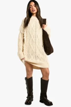 Jumper Dresses|Jumper Dresses*boohoo Tassel Knitted Cable Mini Jumper Dress stone