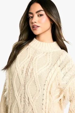 Jumper Dresses|Jumper Dresses*boohoo Tassel Knitted Cable Mini Jumper Dress stone