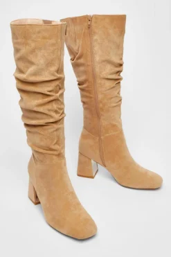 Heeled Boots*Quiz Faux Suede Ruched Heeled Boots Taupe