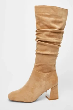 Heeled Boots*Quiz Faux Suede Ruched Heeled Boots Taupe