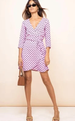 Wrap Dresses*Dancing Leopard Teagan Polka Dot Print 3/4 Sleeve Mini Dress V-Neck Wrap Outfit Light Pink