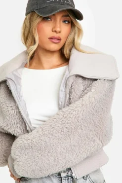 Up To 80% Off Winter Warmers|Bomber Jackets*boohoo Teddy Faux Fur Bomber Jacket grey