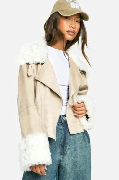 Up To 80% Off Winter Warmers|Biker Jackets*boohoo Teddy Faux Fur Trim Biker Jacket stone