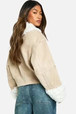 Up To 80% Off Winter Warmers|Biker Jackets*boohoo Teddy Faux Fur Trim Biker Jacket stone