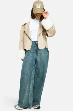 Up To 80% Off Winter Warmers|Biker Jackets*boohoo Teddy Faux Fur Trim Biker Jacket stone