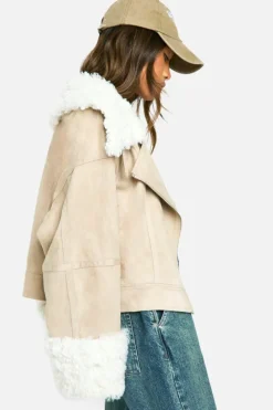 Up To 80% Off Winter Warmers|Biker Jackets*boohoo Teddy Faux Fur Trim Biker Jacket stone