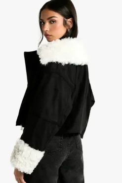 Up To 80% Off Winter Warmers|Biker Jackets*boohoo Teddy Faux Fur Trim Biker Jacket black