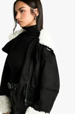 Up To 80% Off Winter Warmers|Biker Jackets*boohoo Teddy Faux Fur Trim Biker Jacket black