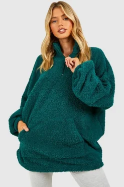 Up To 80% Off Winter Warmers|Sweatshirts*boohoo Teddy Fleece Half Zip Kangaroo Pocket Sweater forest