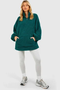 Up To 80% Off Winter Warmers|Sweatshirts*boohoo Teddy Fleece Half Zip Kangaroo Pocket Sweater forest