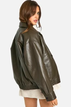 Up To 80% Off Winter Warmers|Bomber Jackets*boohoo Teddy Lined Faux Leather Oversized Bomber Jacket brown