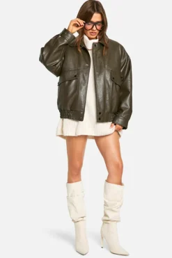 Up To 80% Off Winter Warmers|Bomber Jackets*boohoo Teddy Lined Faux Leather Oversized Bomber Jacket brown