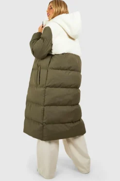 Up To 80% Off Winter Warmers|Teddy Jackets*boohoo Teddy Panelled Longline Puffer Jacket khaki