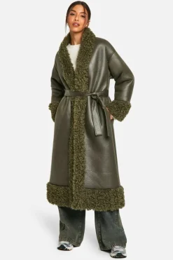 Up To 80% Off Winter Warmers|Teddy Jackets*boohoo Teddy Trim Belted Faux Leather Coat khaki