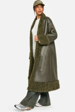 Up To 80% Off Winter Warmers|Teddy Jackets*boohoo Teddy Trim Belted Faux Leather Coat khaki